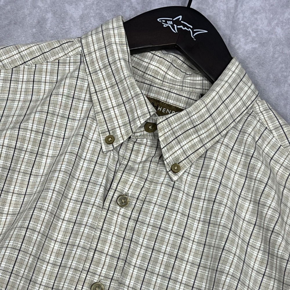 John Henry Button Down Shirt Mens Large Tan Black Plaid Cotton Long Sleeve